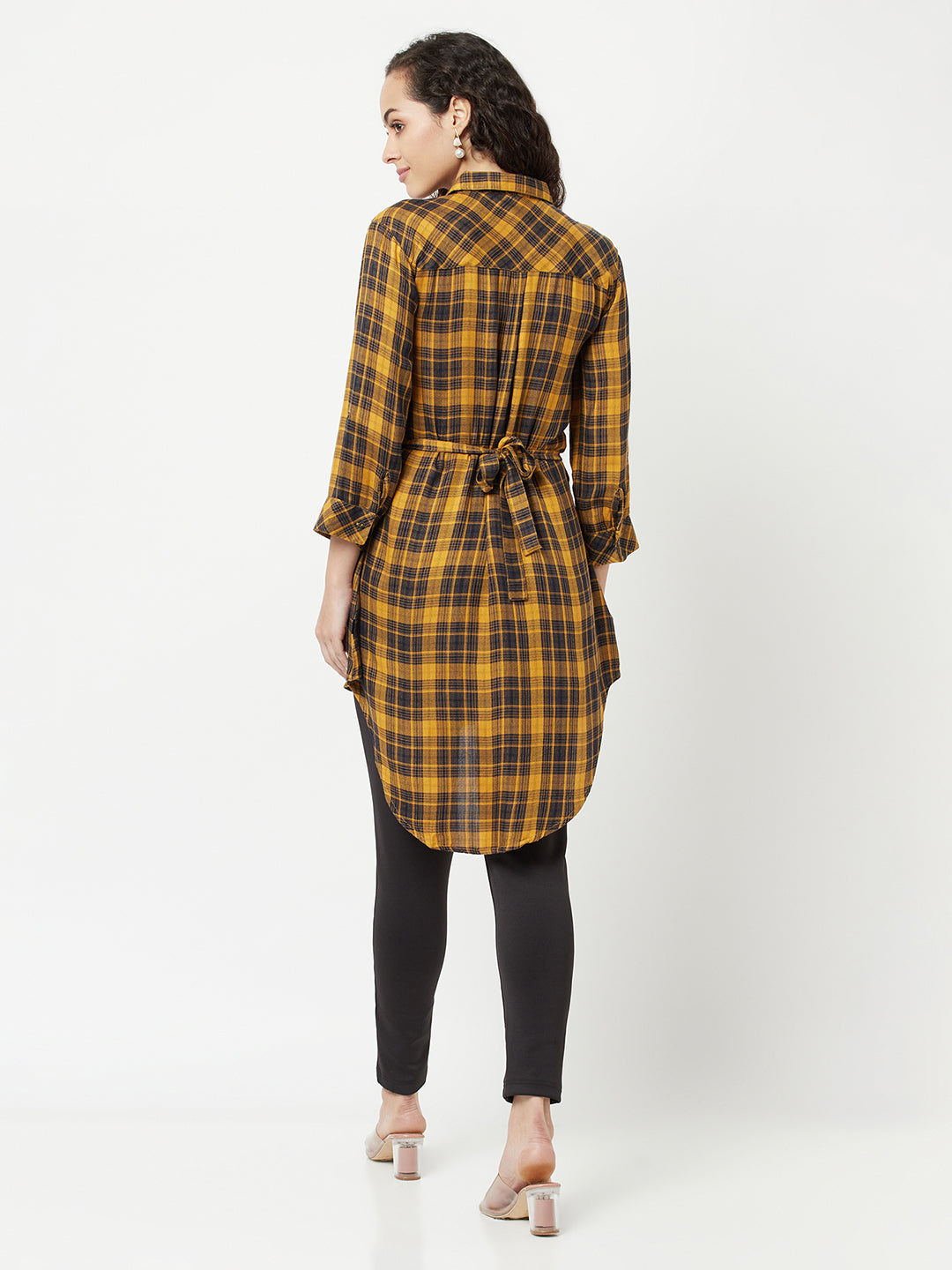 Mustard Checked High-Low Shirt-Women Shirts-Crimsoune Club