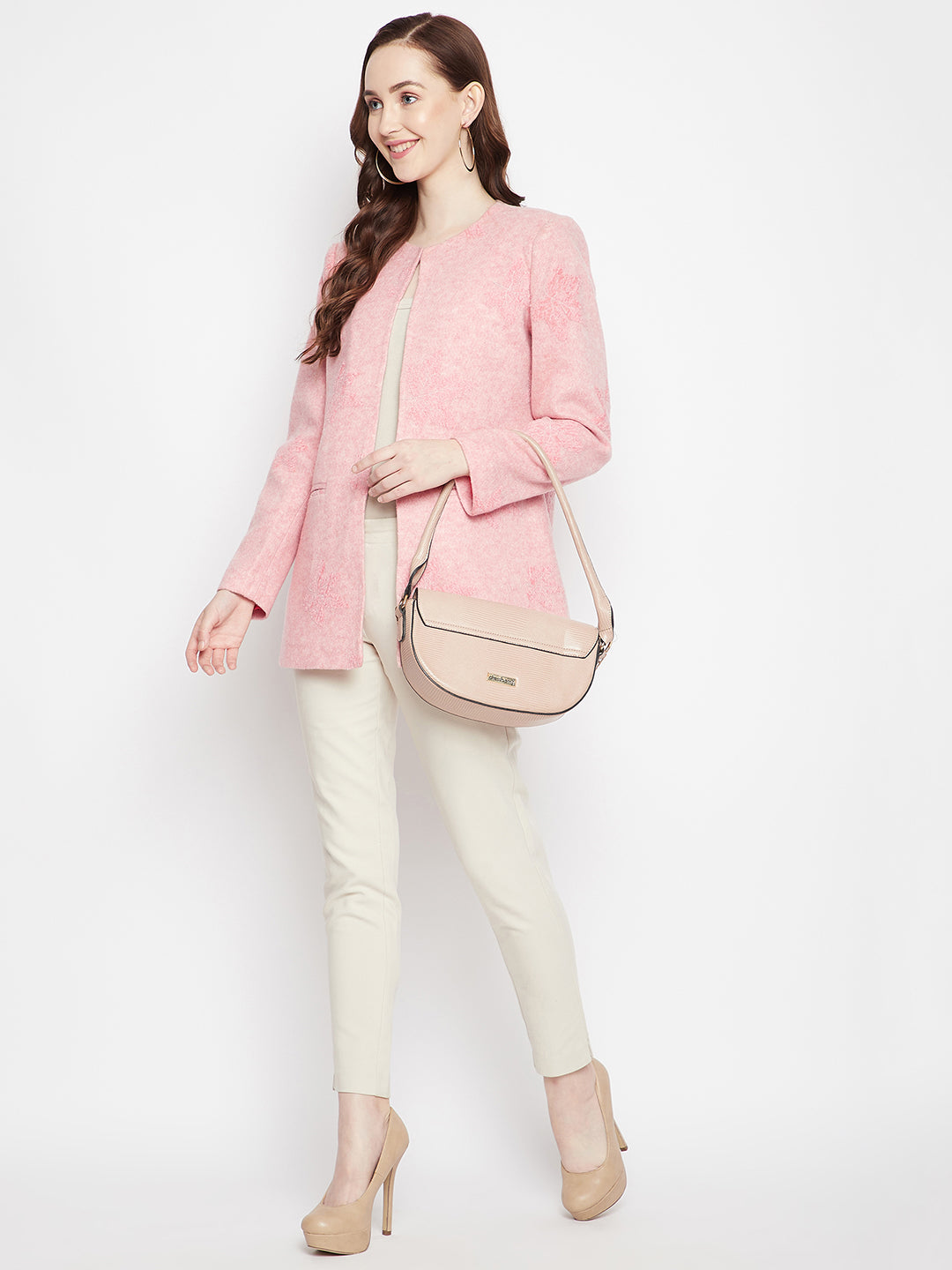 Pink Floral Round Neck Blazer-Women Blazer-Crimsoune Club