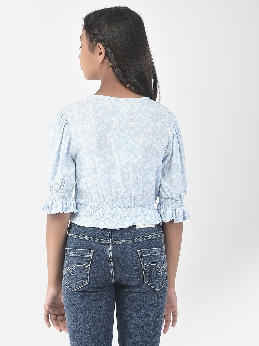  Cropped Sky Blue Floral Print Top