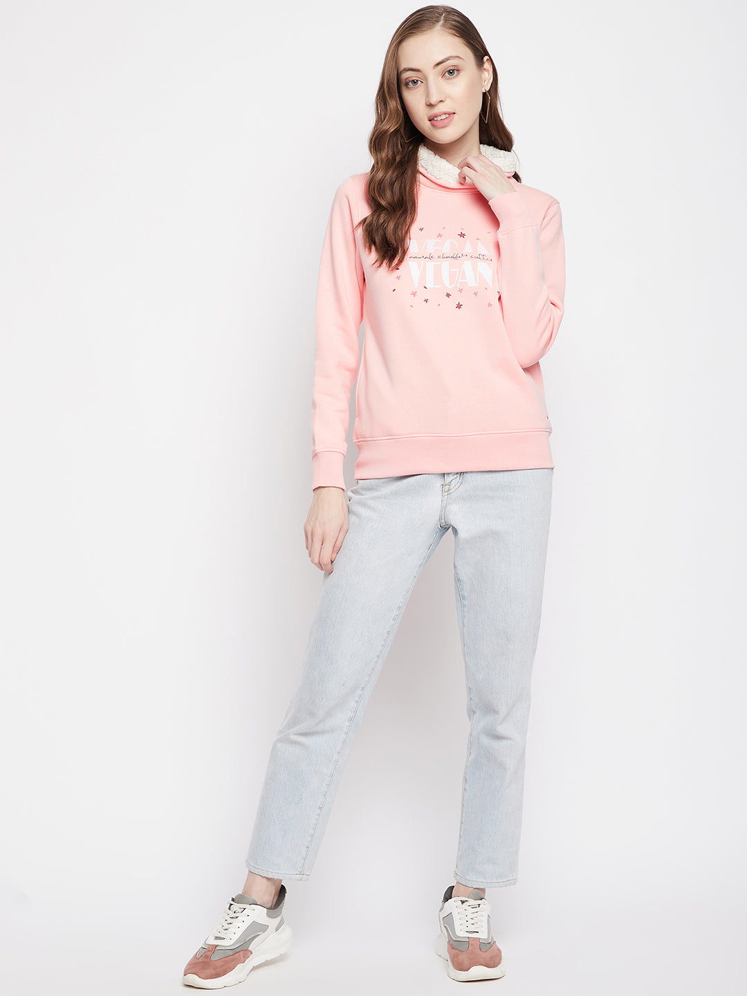 Pink Printed Turtle Neck Sweatshirt - Women Sweatshirts