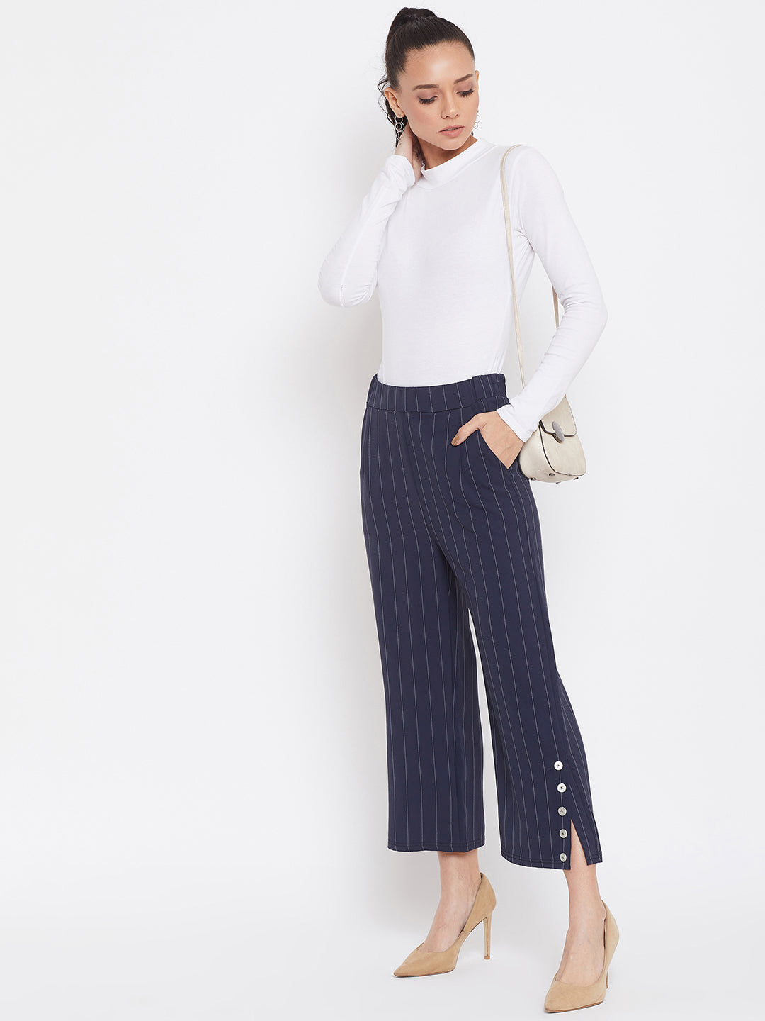 Navy Blue Striped Parallel Trousers - Women Trousers