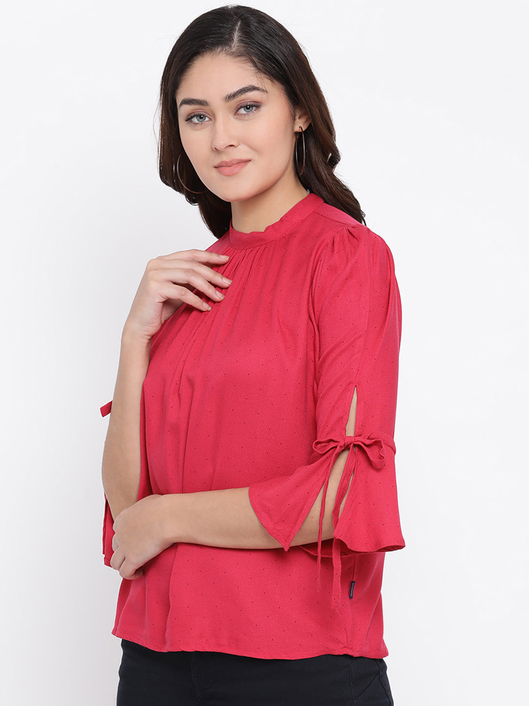 Red Printed Mandarin Collar Tops - Women Tops