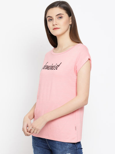 Pink Printed Round Neck T-Shirt - Women T-Shirts