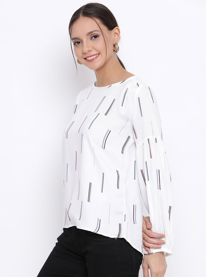 White Printed Round Neck Tops - Women Tops