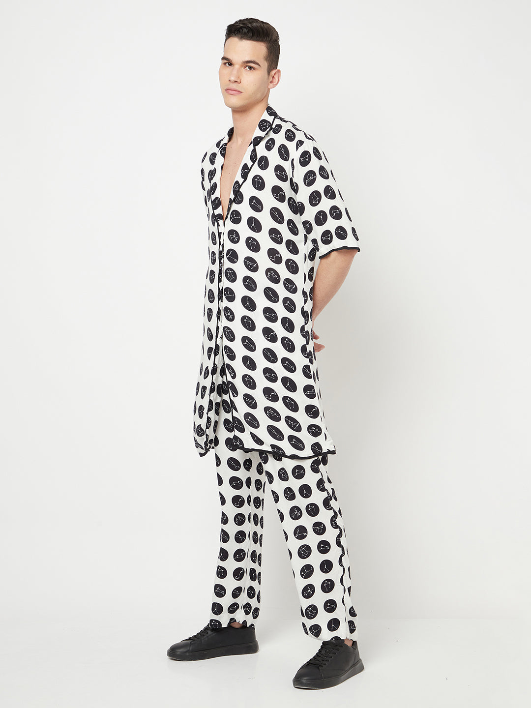 White Polka Dot Printed Short Sleeves Longline Blazer-Men Blazers-Crimsoune Club