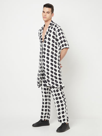 White Polka Dot Printed Short Sleeves Longline Blazer-Men Blazers-Crimsoune Club