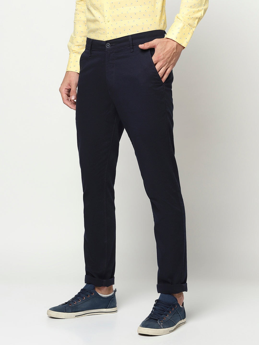 Navy Blue Cuffed Ankle Trousers-Men Trousers-Crimsoune Club