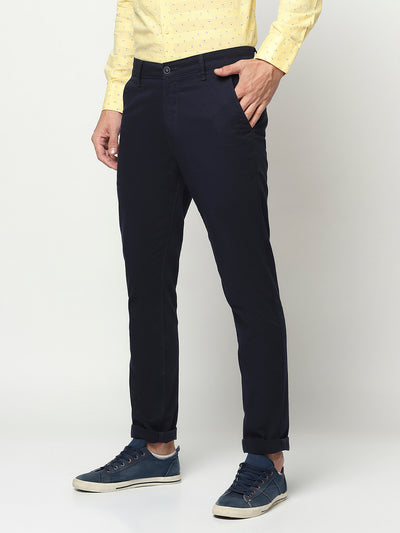Navy Blue Cuffed Ankle Trousers-Men Trousers-Crimsoune Club