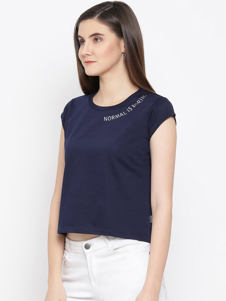 Navy Blue Printed Round Neck T-Shirt - Women T-Shirts