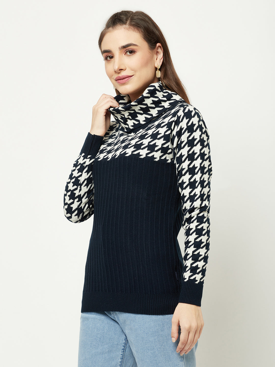  Navy Blue Abstract Turtleneck Sweater