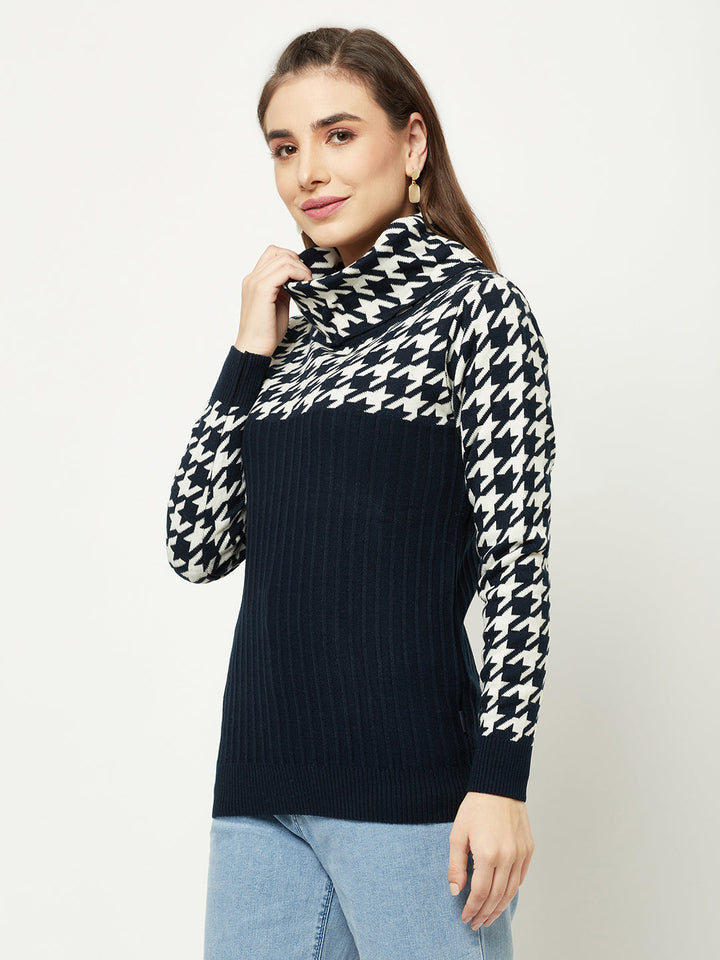  Navy Blue Abstract Turtleneck Sweater