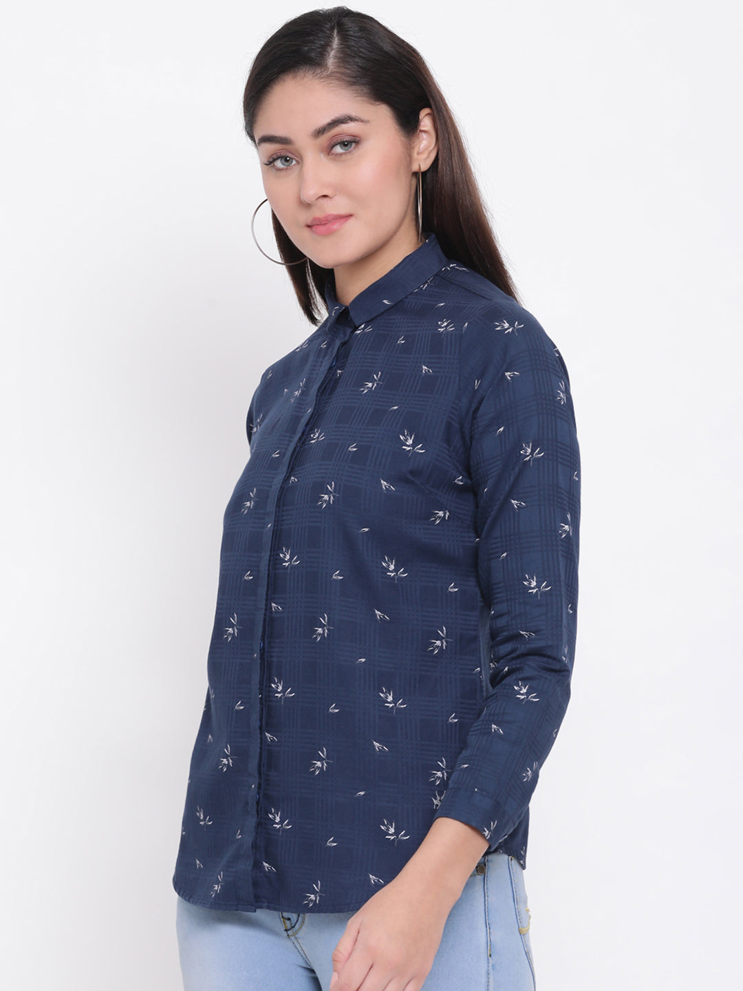 Navy Blue Printed Round Neck Slim Fit Shirt - Women Shirts