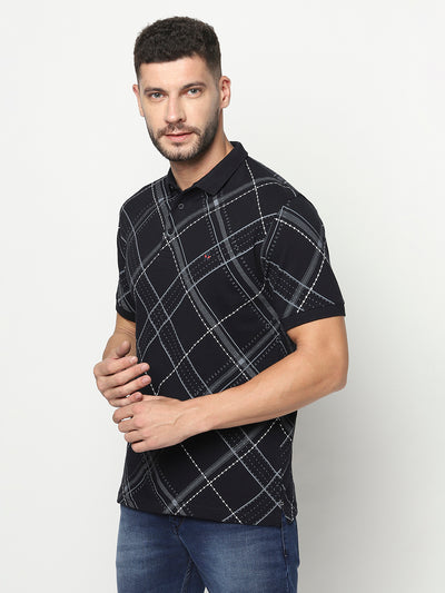 Navy Blue Diagonal Check Polo T-Shirt-Men T-Shirts-Crimsoune Club