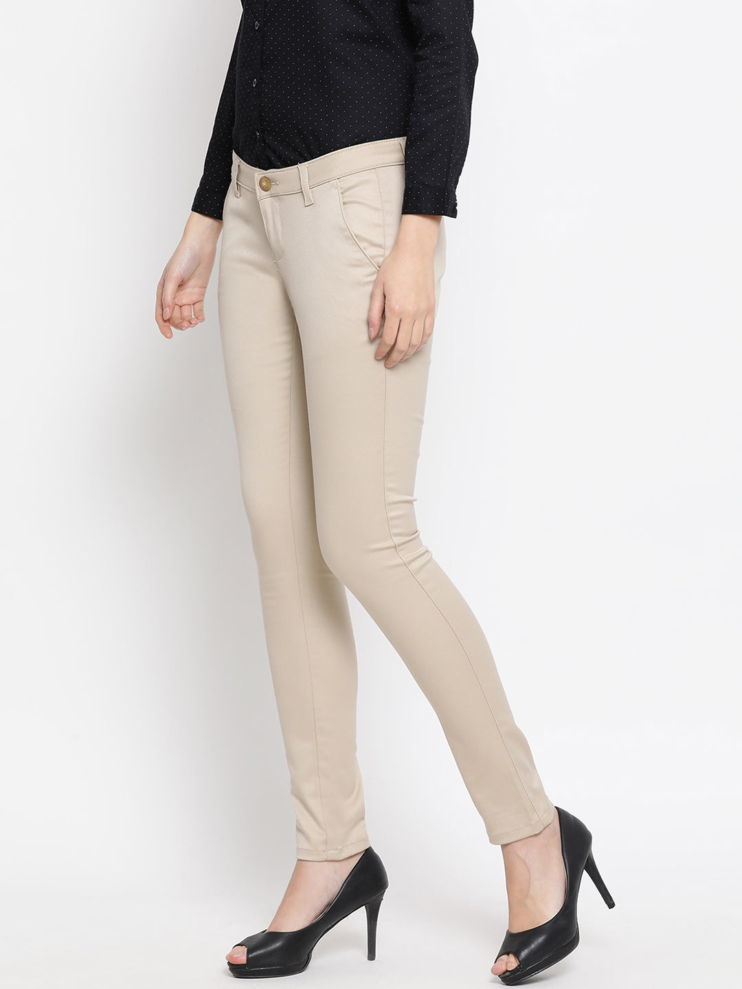 Beige Denim Slim fit Trousers - Women Trousers