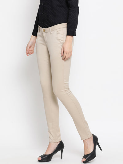 Beige Denim Slim fit Trousers - Women Trousers