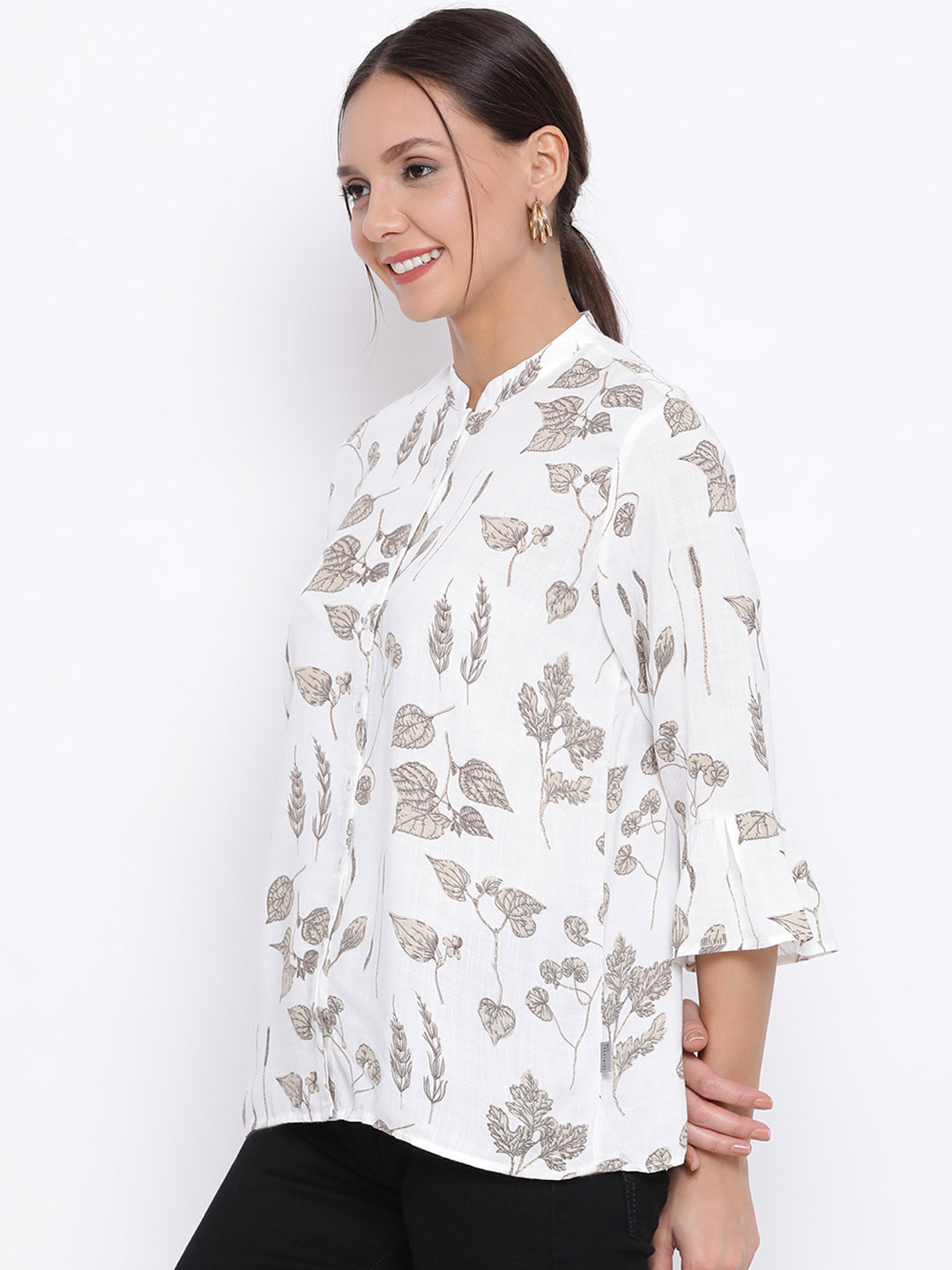 White Printed Flared Sleeves Top - Women Tops