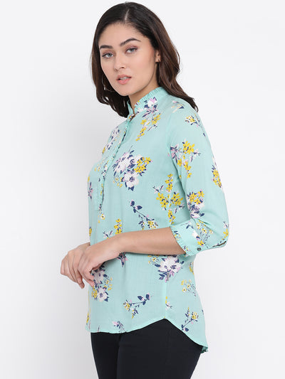 Green Printed Mandarin Collar Tops - Women Tops