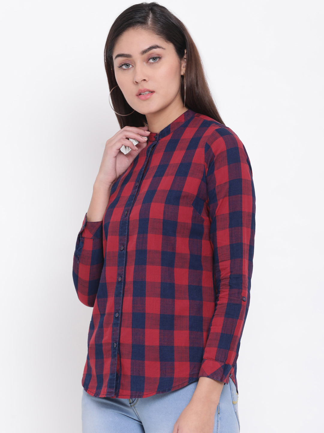 Red Checked Mandarin Collar Slim Fit Shirt - Women Shirts