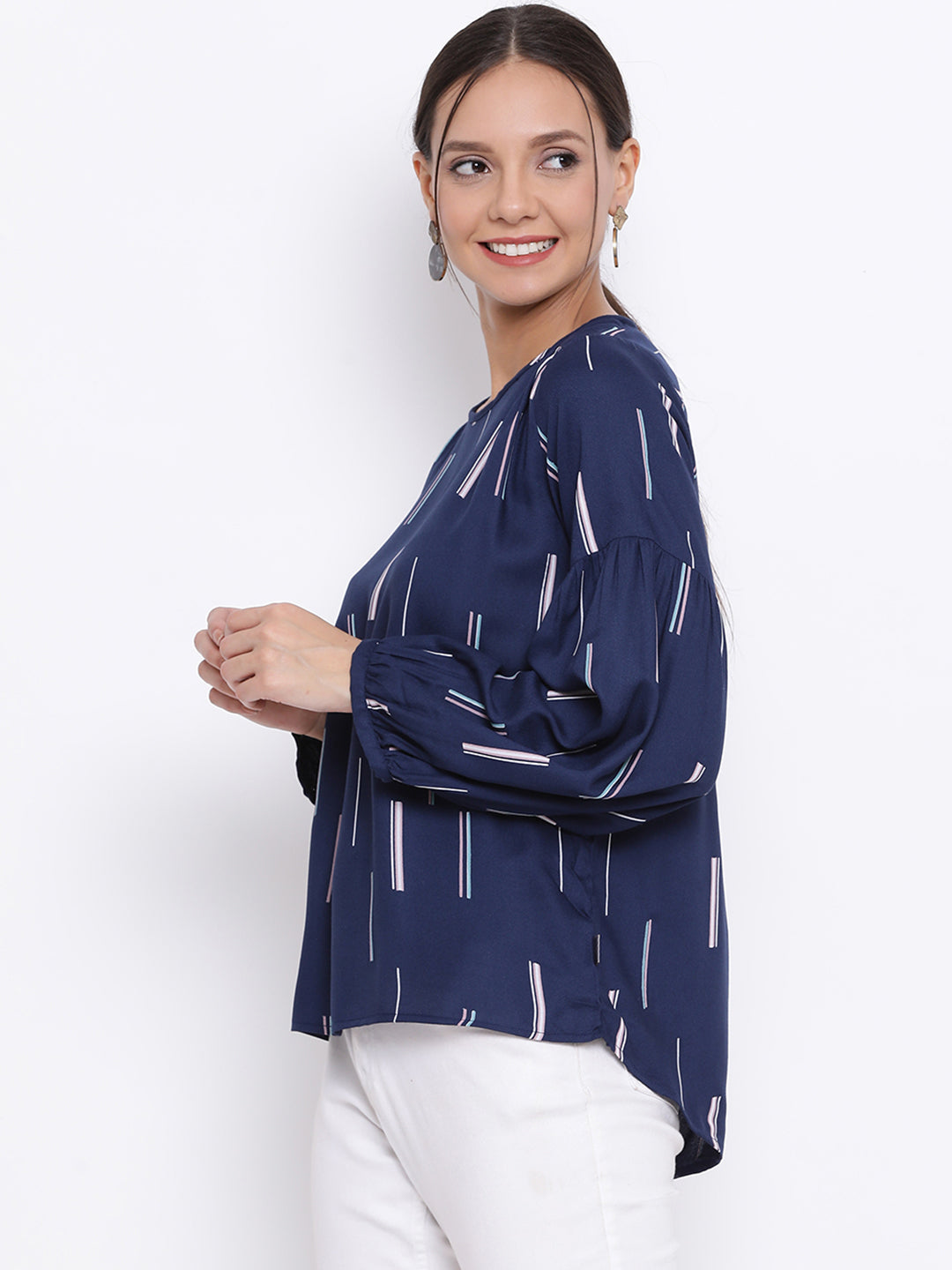 Blue Printed Full Sleeves Top - Women Tops