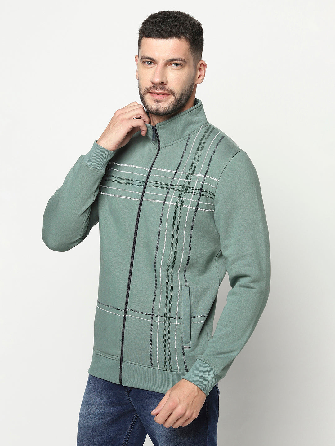 Green Lined Zipper Sweatshirt-Men Sweatshirts-Crimsoune Club