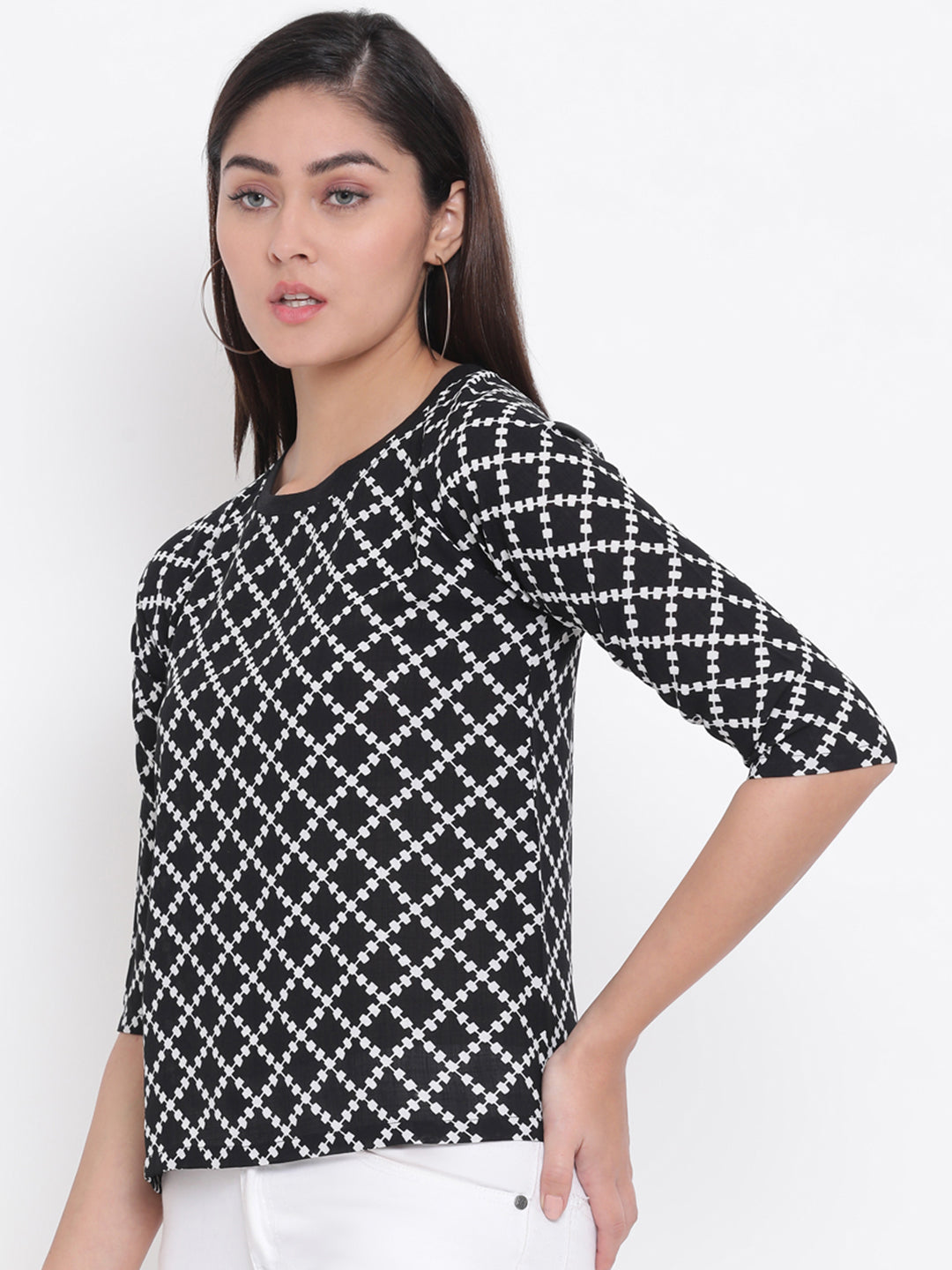 Black Printed Round Neck Top - Women Tops