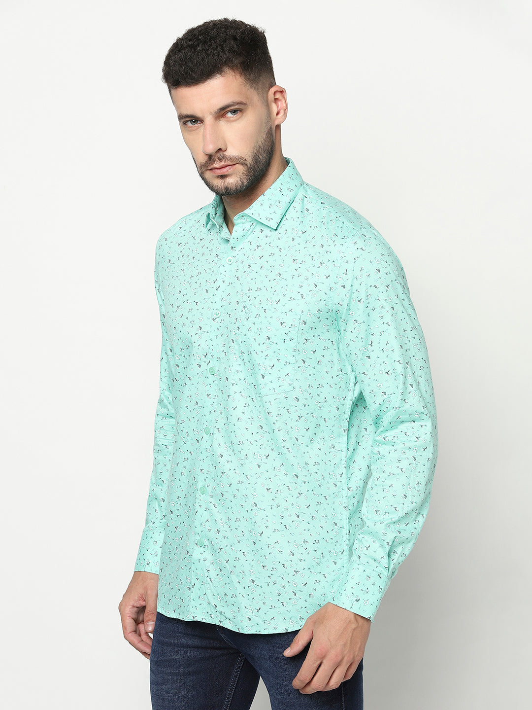 Mint Green Floral Shirt-Men Shirts-Crimsoune Club