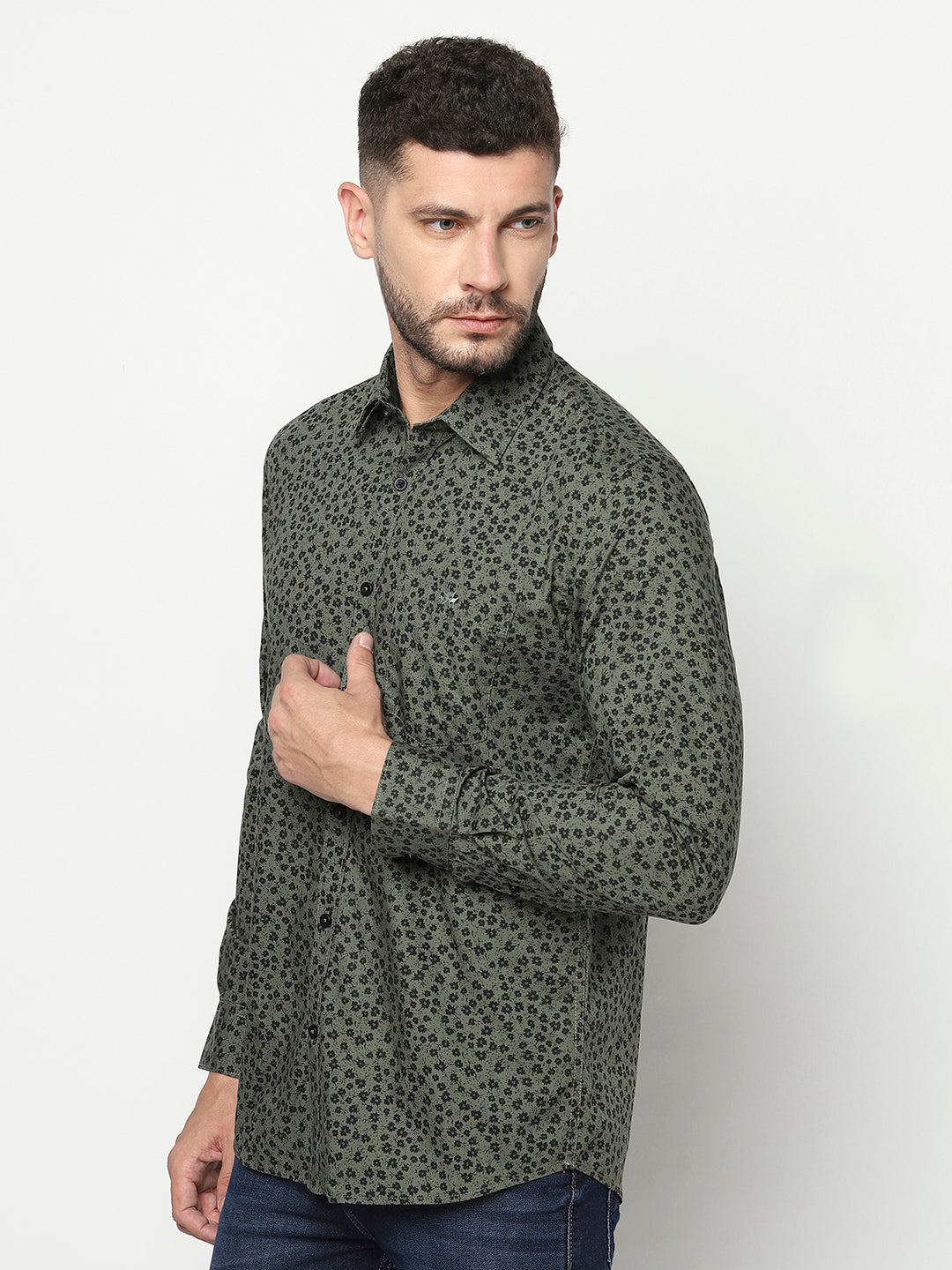 Olive Green Floral Shirt-Men Shirts-Crimsoune Club