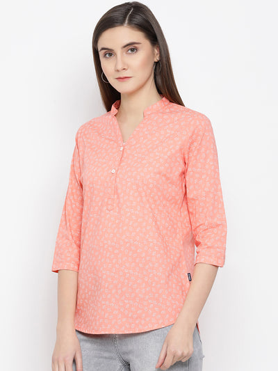 Orange Printed Mandarin Collar Tops - Women Tops