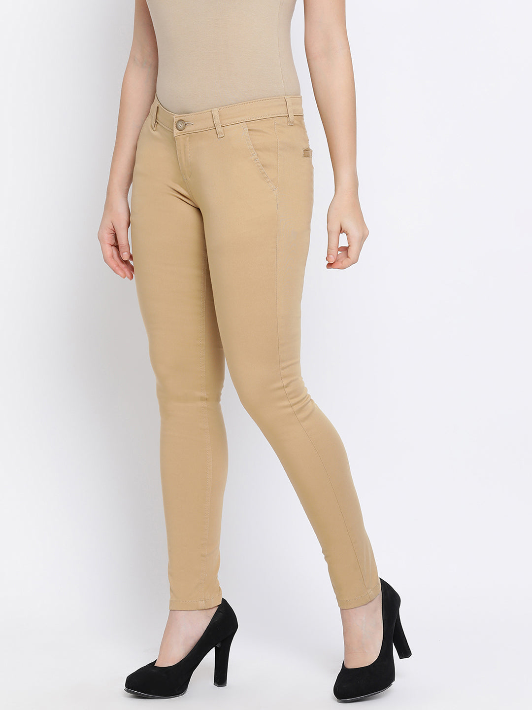 Khaki Denim Slim fit Trousers - Women Trousers
