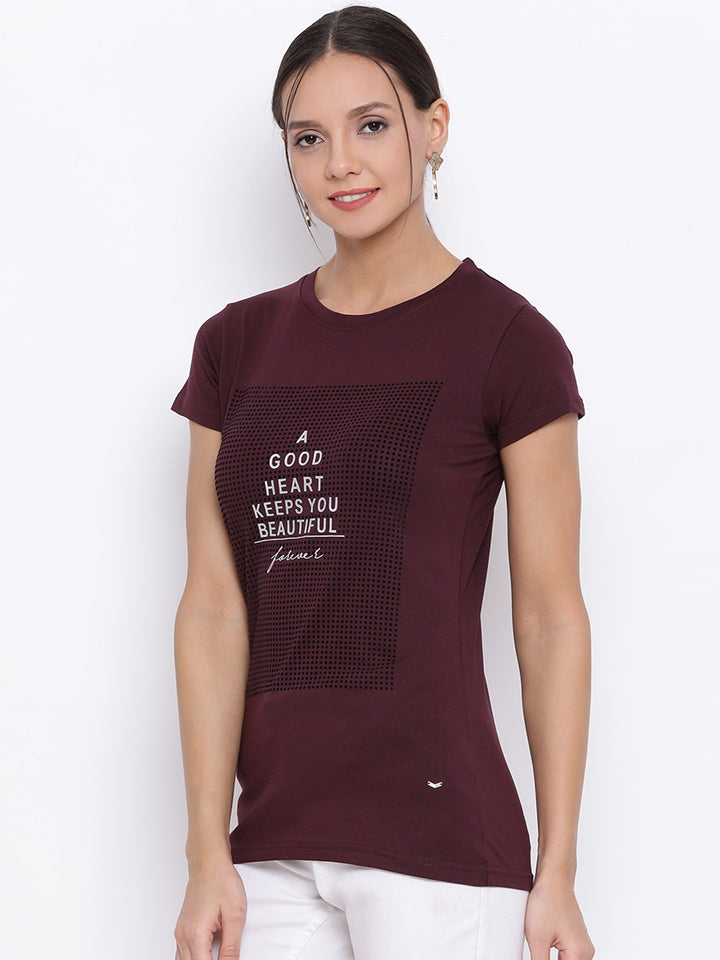 Maroon Printed Slogan T-shirt - Women T-Shirts