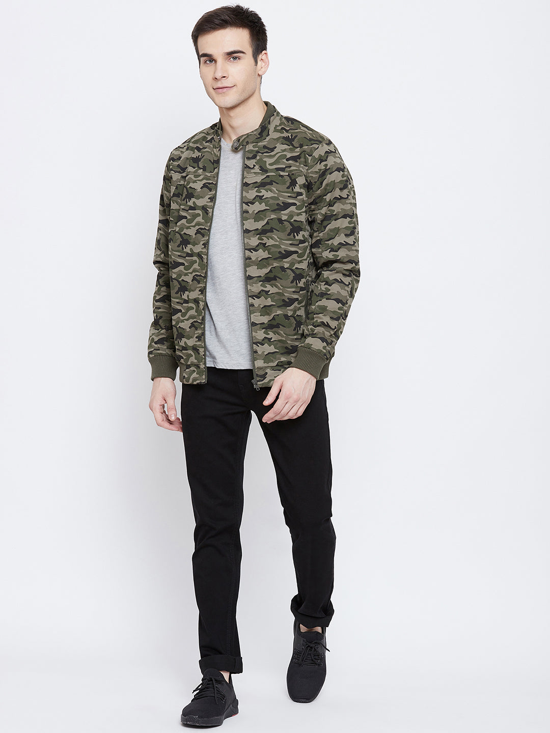 Olive Camouflage Mandarin Collar Jackets-Mens Jacket-Crimsoune Club