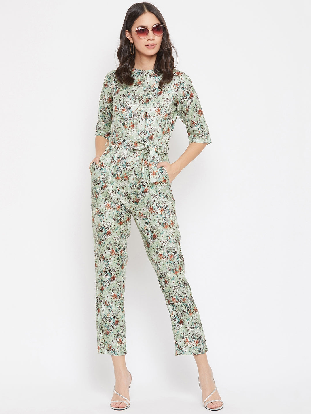 Green Printed Round Neck Jumpsuits - Women Jumpsuits