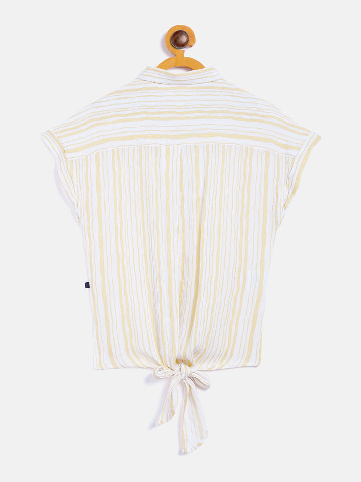 Beige Striped Waist Tie-Up Shirt - Girls Shirts