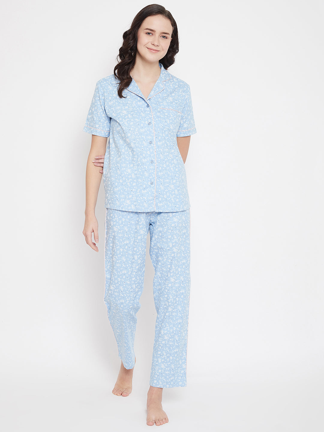 Blue Printed Slim Fit Night Suits - Women Night Suits