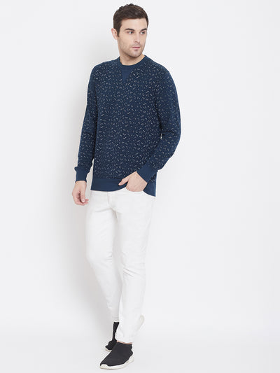 Navy Blue Printed Round Neck Sweatshirt - Men Sweatshirts