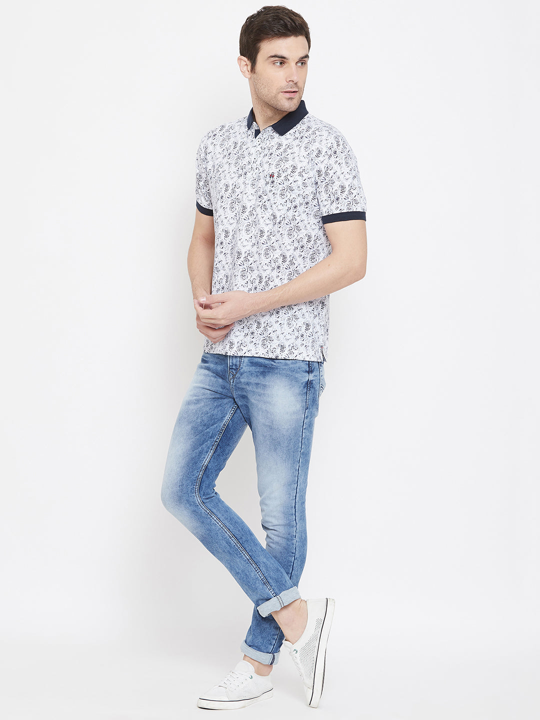 White Printed Polo Neck T-Shirt - Men T-Shirts