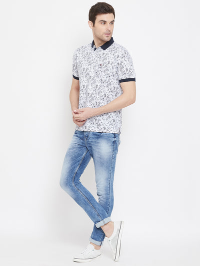 White Printed Polo Neck T-Shirt - Men T-Shirts