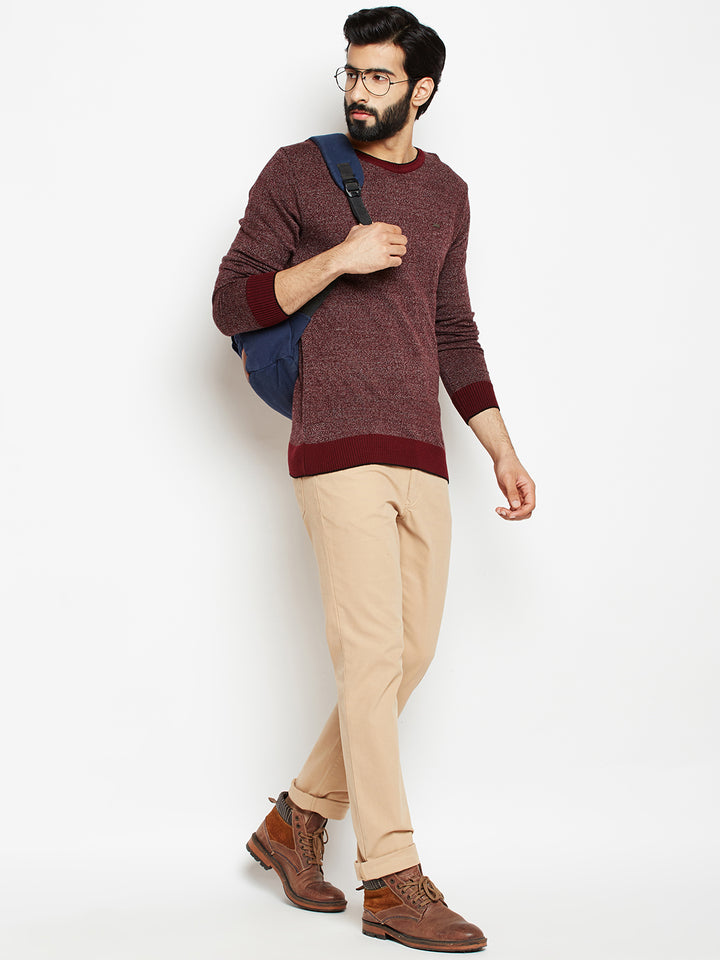 Maroon Solid Round Neck Sweaters-Men Sweaters-Crimsoune Club