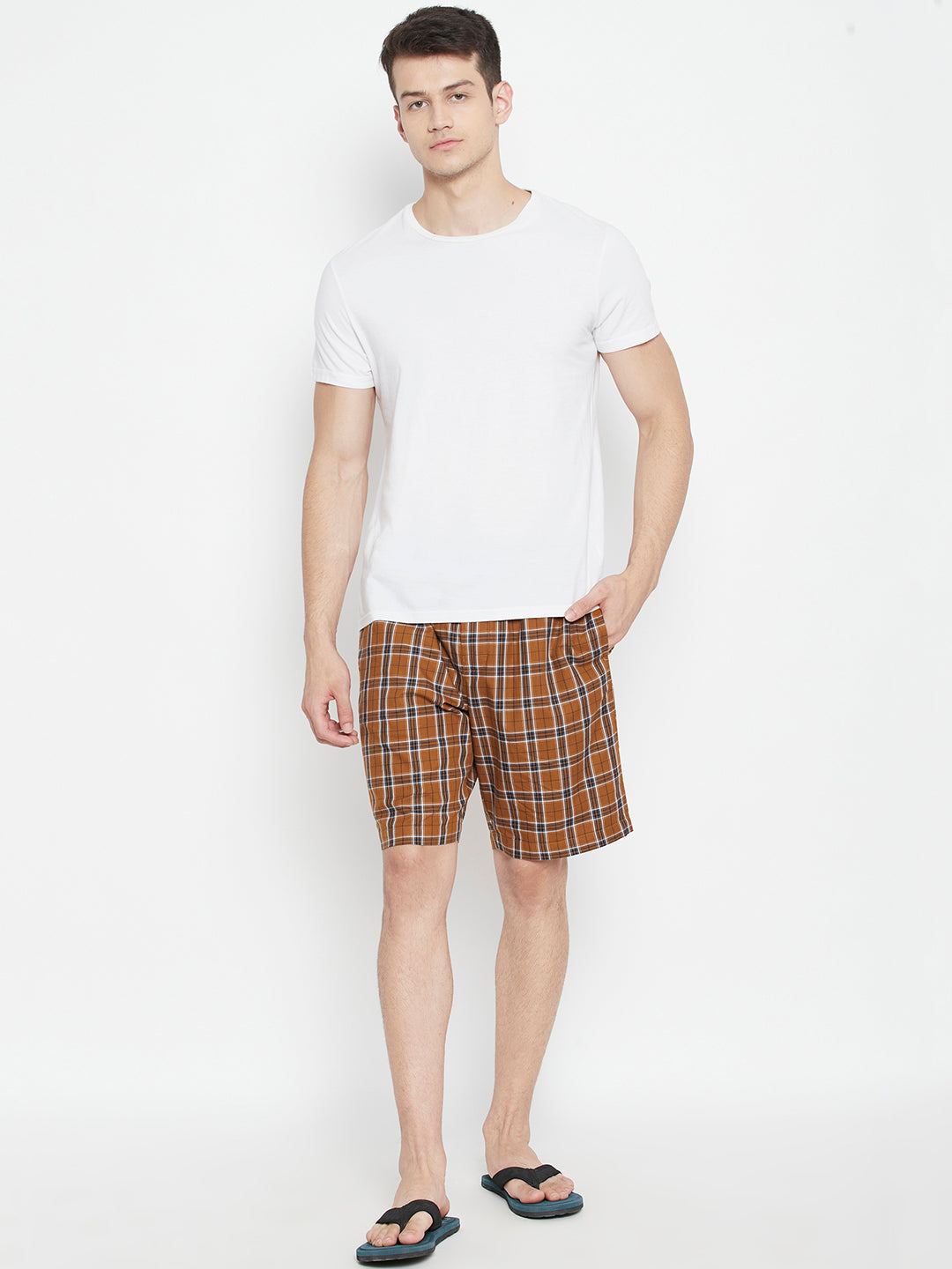 Mustard Checked Slim Fit Lounge Shorts - Men Lounge Shorts