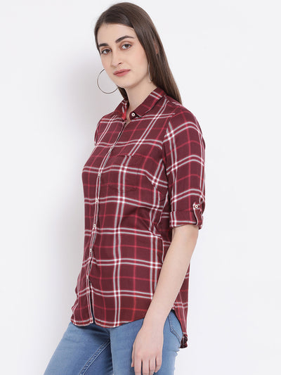 Maroon Checked Spread Collar Slim Fit Shirt - Women Shirts