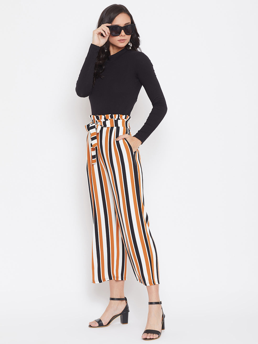 Striped Paperbag Trouser with Belt - Women Trousers