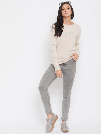 Beige Self Design Round Neck Sweater - Women Sweaters