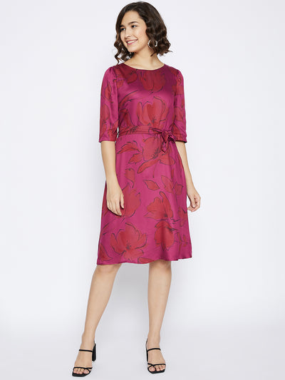 Maroon Floral Print A-line Dress - Women Dresses