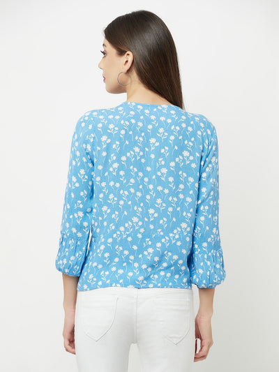 Blue Floral Printed V-Neck Cropped Top - Women Tops