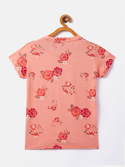 Peach Printed Round Neck T-Shirt - Girls T-Shirts
