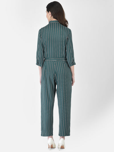 Viridian Green Striped Jumpsuit - Women Dungarees