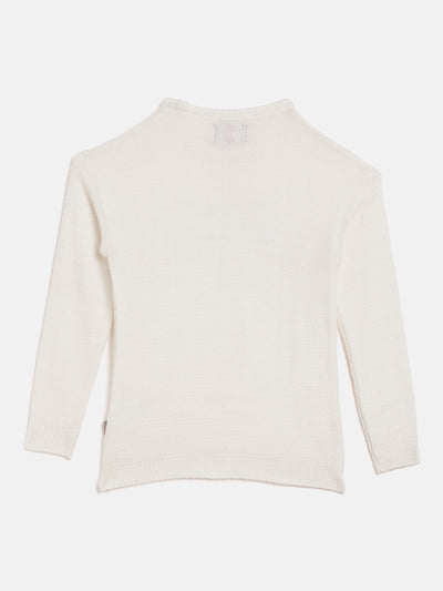 White Embellished Round Neck Sweater - Girls Sweaters