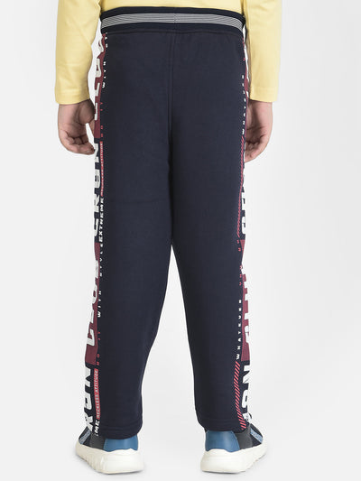 Navy Blue Track Pants with Typographic Detailing 