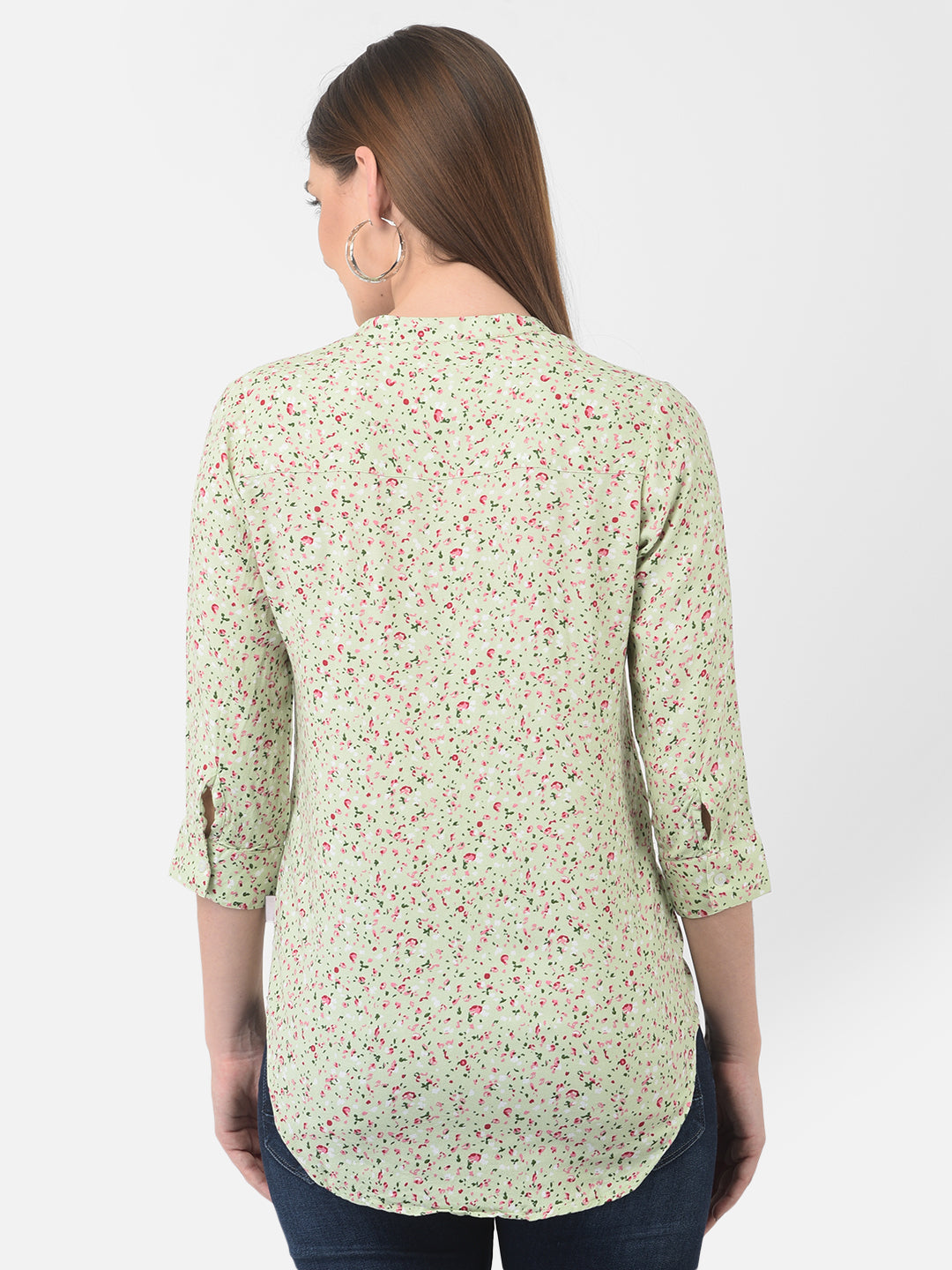 Green Floral Printed Mandarin Collar Top - Apparel & Accessories