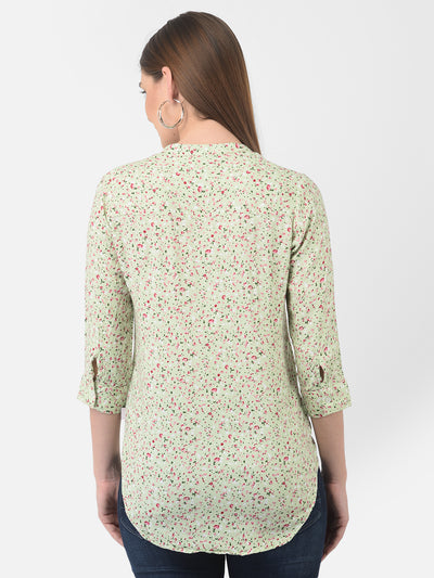 Green Floral Printed Mandarin Collar Top - Apparel & Accessories